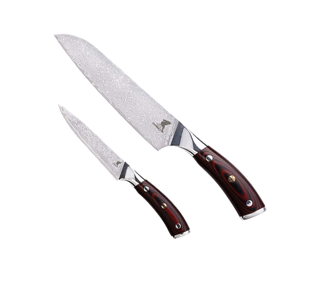Hiroto Damascus Knife - 7" Santoku Knife + 4" Paring Knife